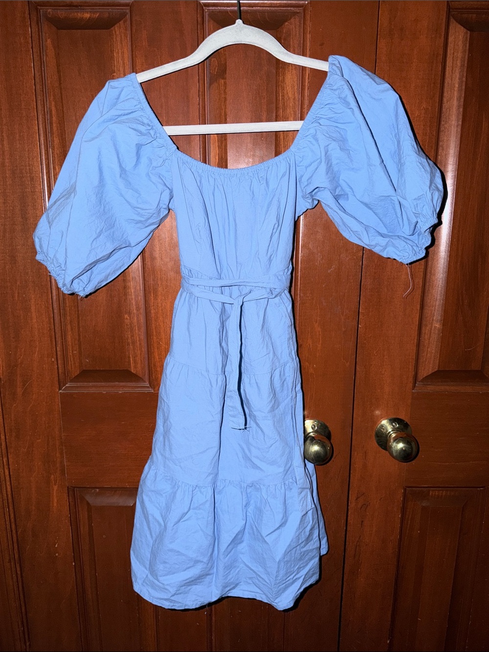 Sim & Sam Puff-Sleeve Light Blue Midi Dress with Waist Tie